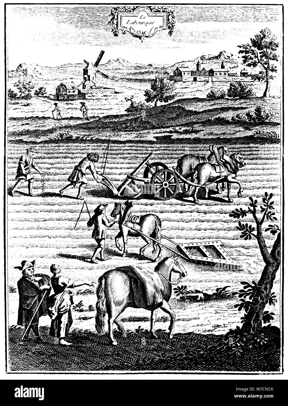 Ploughing and harrowing with horses and sowing seed broadcast, 1762. Artist: Unknown Stock Photo