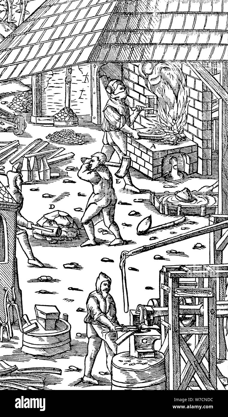 Smelting iron and hammering bars with a mechanical hammer, 1556. Artist: Unknown Stock Photo