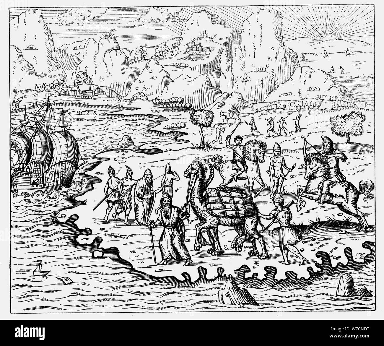 Merchants transporting goods to the coast and a waiting vessel by camel, 1575. Artist: Unknown Stock Photo