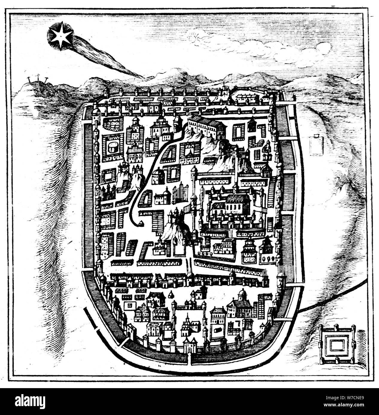 Comet of 66 AD (Halley) over Jerusalem, 1666. Artist: Unknown Stock Photo