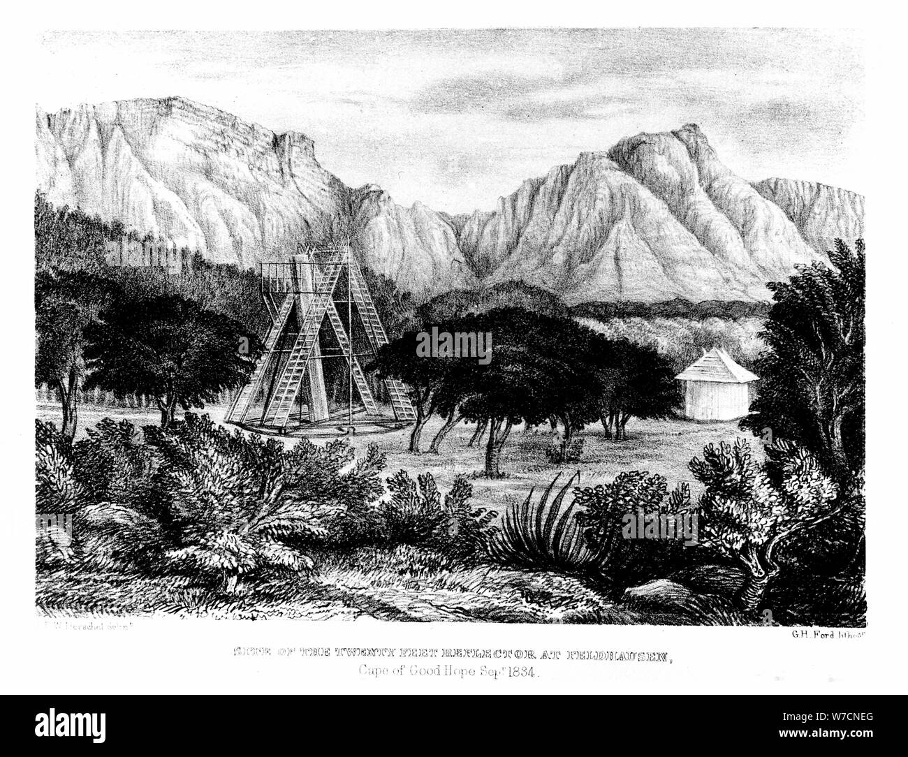 William Herschel's 20ft telescope erected at Feldhausen, Cape of Good Hope, 1834-1838 (1847).  Artist: G H Ford Stock Photo