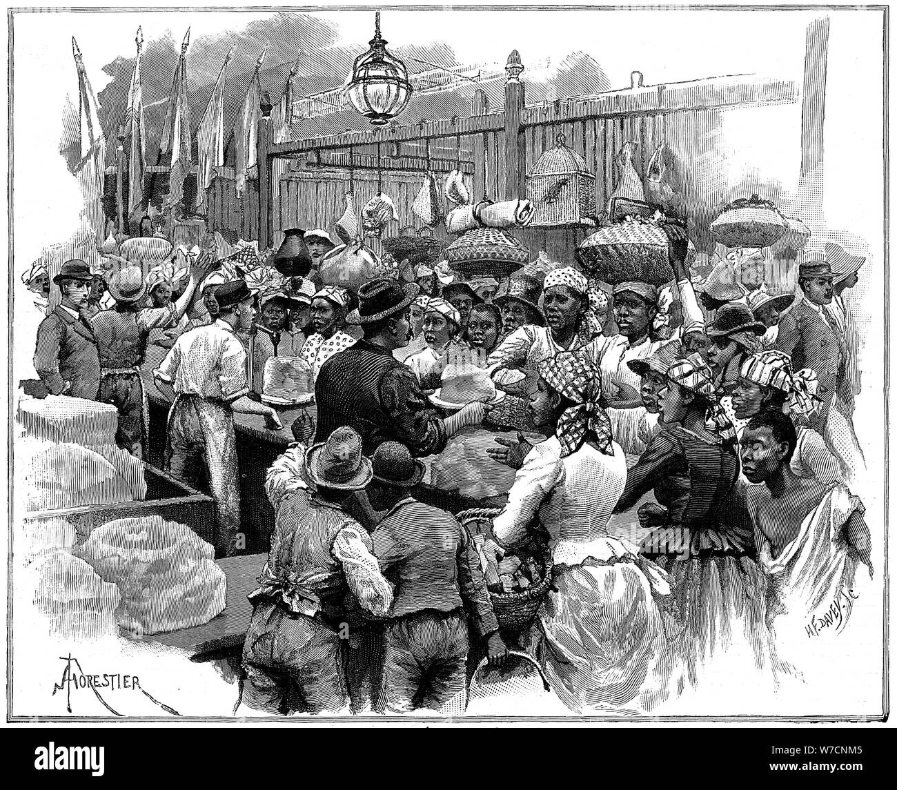 Ice stall in the market, Georgetown, Demerara, Guyana (British Guiana), 1888. Artist: Amedee Forestier Stock Photo