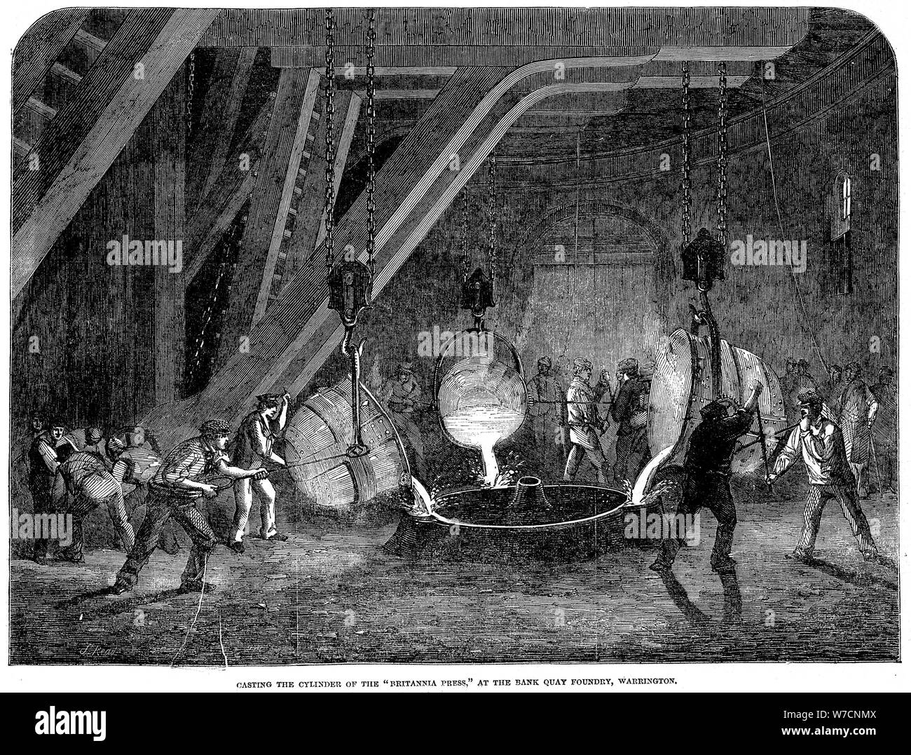 'Casting the cylinder of the 'Britannia Press' at the Bank Quay Foundry, Warrington', 1851. Artist: Unknown Stock Photo