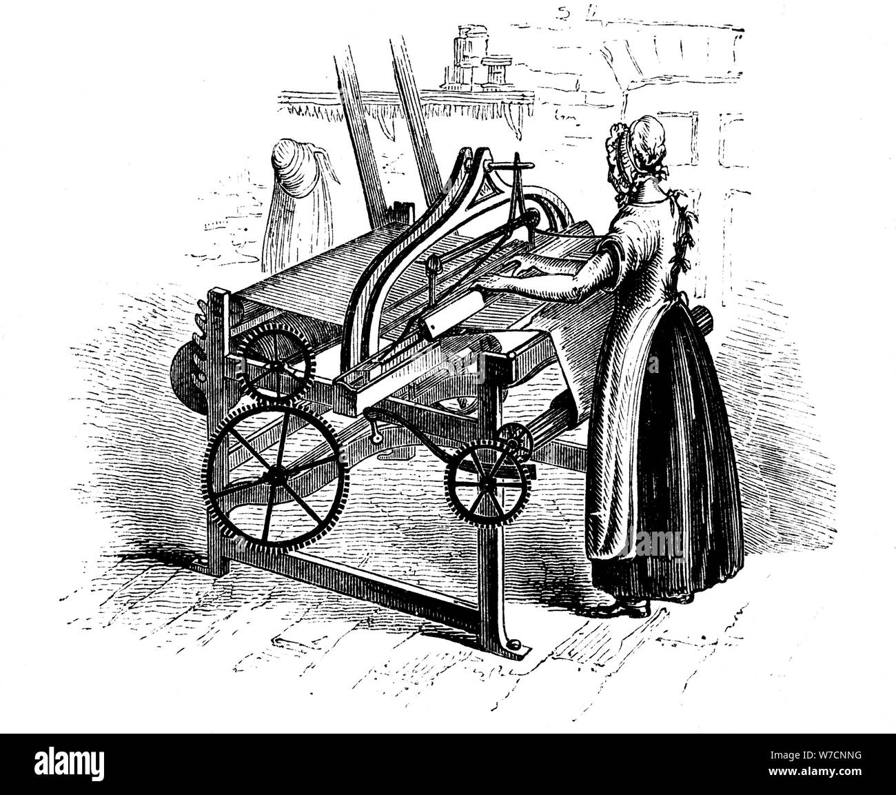 Woman operating a power loom for weaving cotton, c1840. Artist: Unknown Stock Photo
