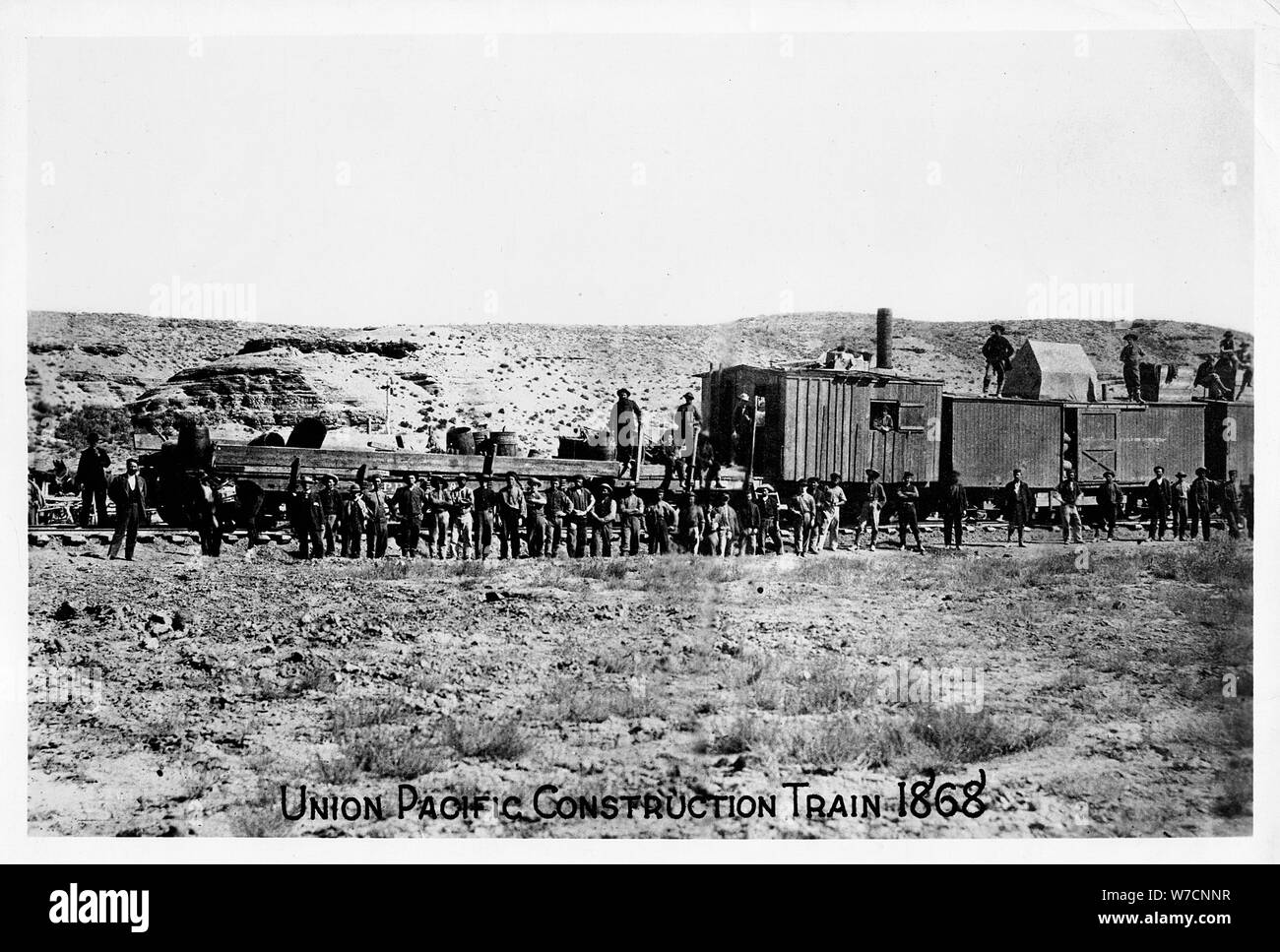 Construction train on the Union Pacific Railroad, USA, 1868. Artist: Unknown Stock Photo