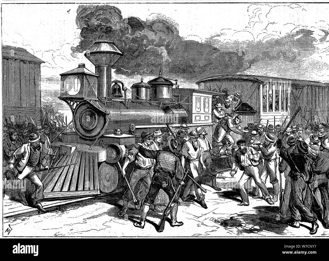 Riot by railroad workers at Martinsburg on the Baltimore-Ohio Railroad, USA, 1877 Artist: Unknown Stock Photo