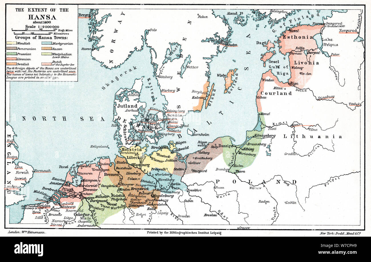 Map of the extent of the Hanseatic League in about 1400. Artist: Unknown Stock Photo