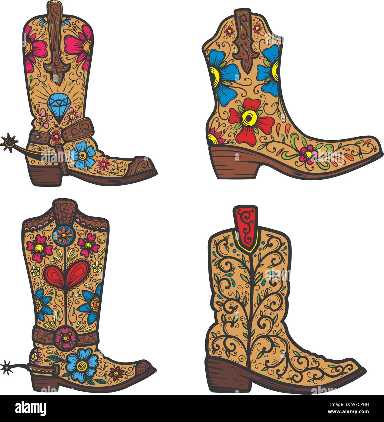 Set of Cowboy boot with floral pattern.  Design element for poster, t shirt, emblem, sign. Stock Vector