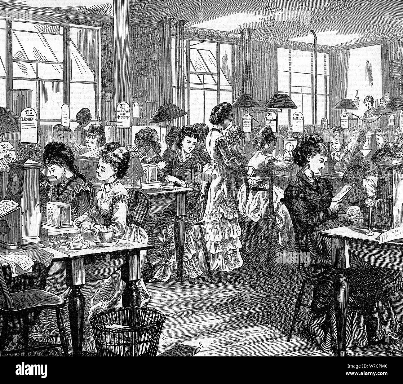 Female telegraph workers, 1871. Artist: Unknown Stock Photo