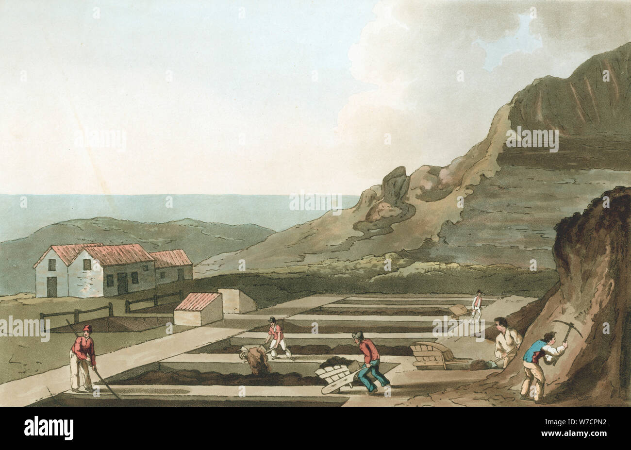 General view of an Alum works in the Whitby area, Yorkshire, 1814. Artist: Havell & Son Stock Photo