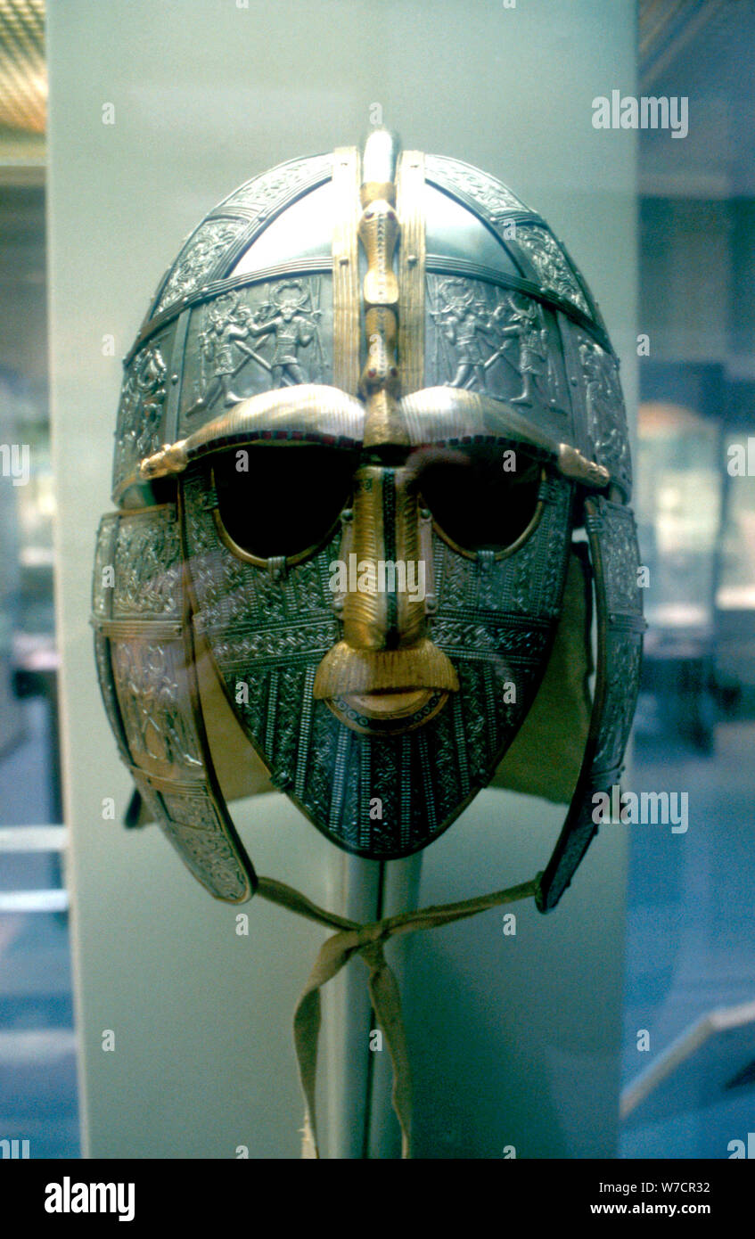 Anglo-Saxon helmet and mask from the Sutton Hoo Treasure, 7th Century. Artist: Unknown Stock Photo