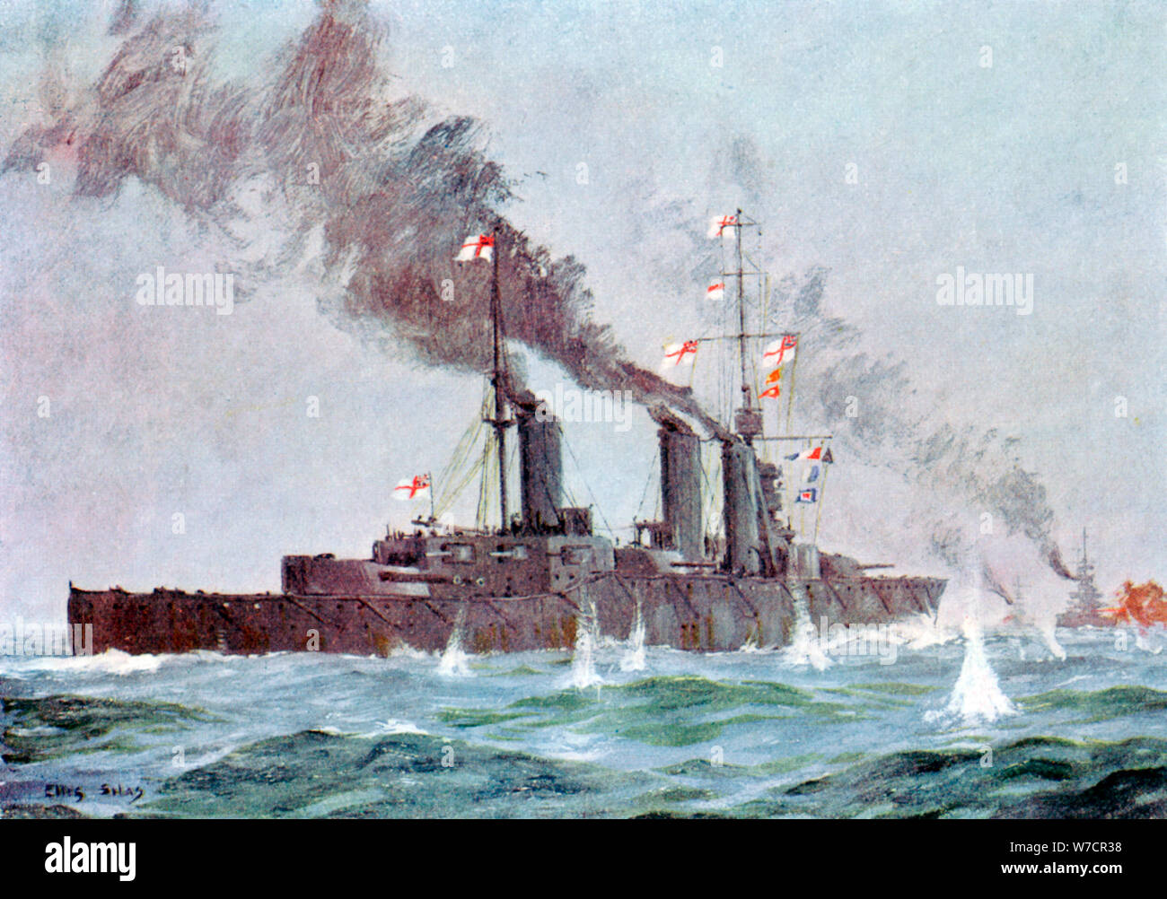 Battlecruiser 'HMS Lion' coming into action, Battle of Jutland 31 May - 1 June 1916. Artist: Unknown Stock Photo