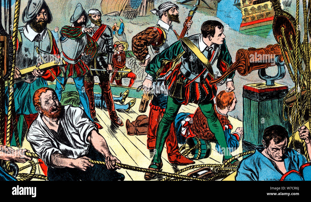 The 'Revenge' engaging the Spanish fleet off Flores, 1591 (c1900). Artist: TM Robinson Stock Photo