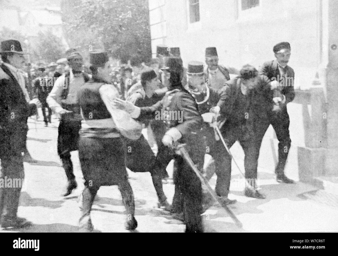 Arrest of Gavrilo Princip, assassin of Archduke Franz Ferdinand, 1914. Artist: Unknown Stock Photo