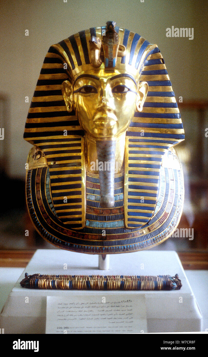 Gold and lapis lazuli funerary mask of Tutankamun, King of Egypt, mid 14th century BC. Artist: Unknown Stock Photo