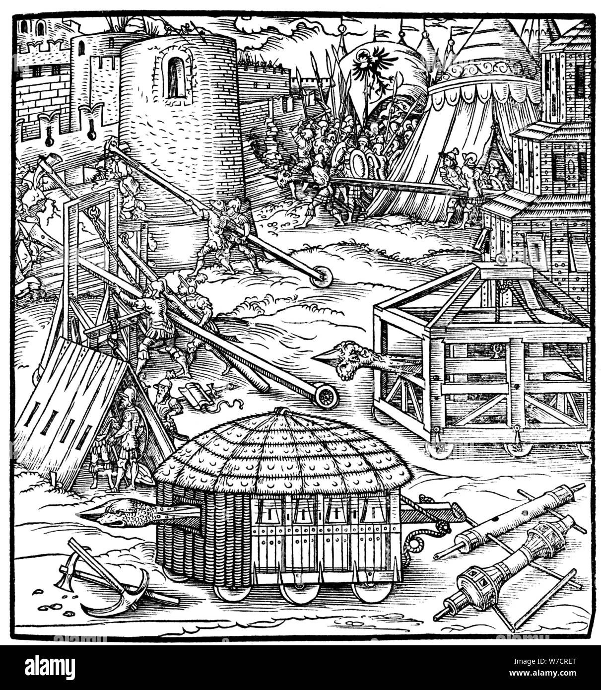 Various forms of siege equipment, including battering rams, 1547. Artist: Unknown Stock Photo