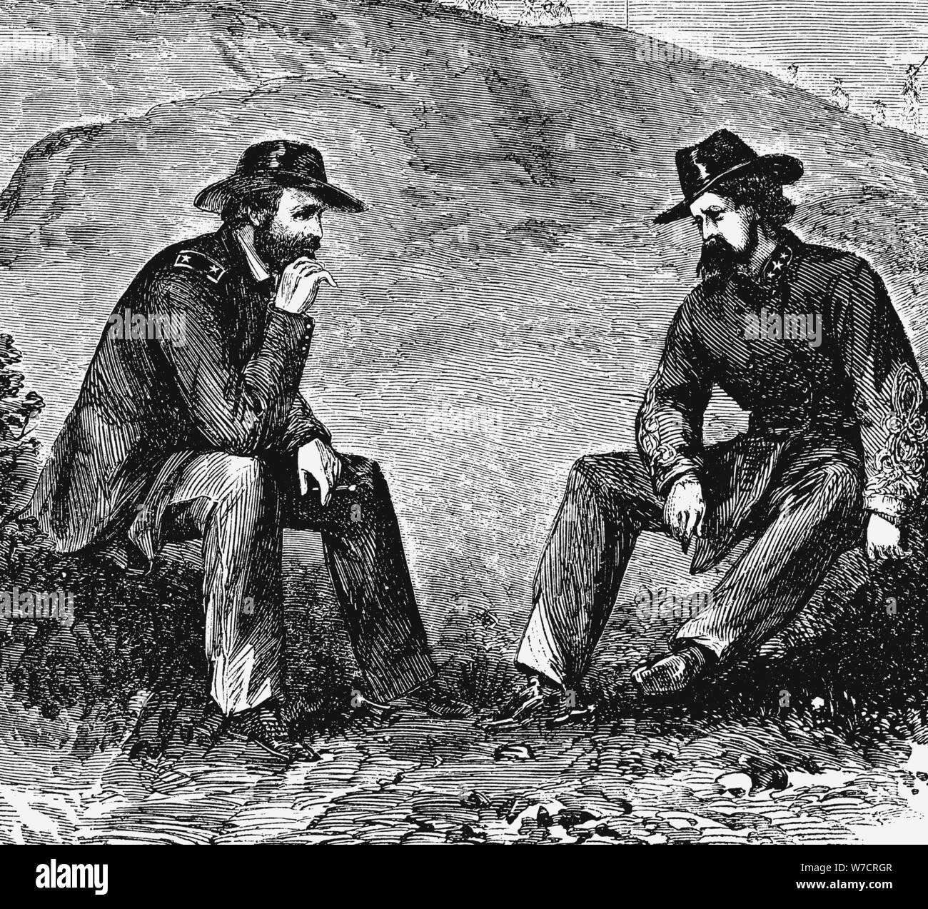 Generals Grant and Pemberton negotiating the surrender of Vicksburg