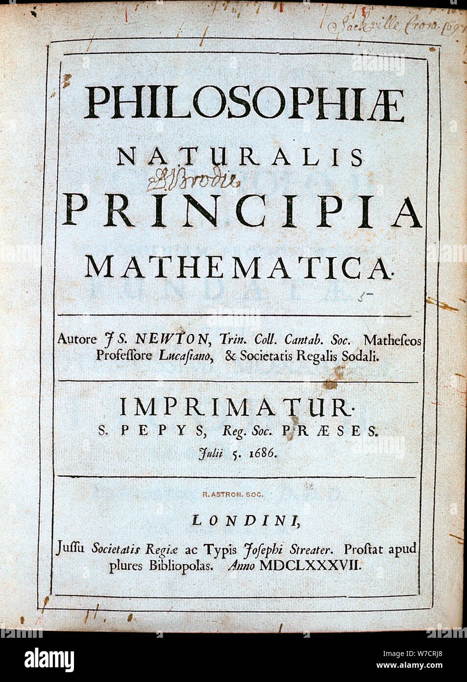 Title page of Newton's Philosophiae Naturalis Principia Mathematica, 1687. Artist: Unknown Stock Photo