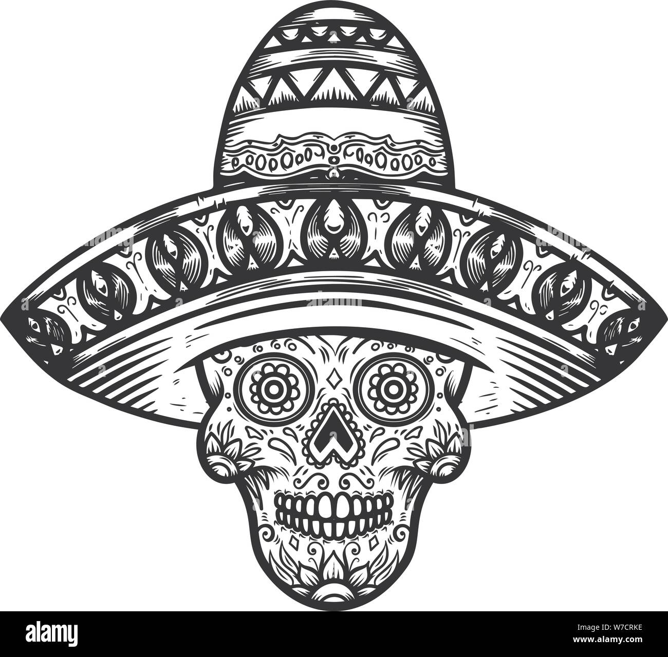 Mexican sugar skull in sombrero. Day of the dead theme. Design element