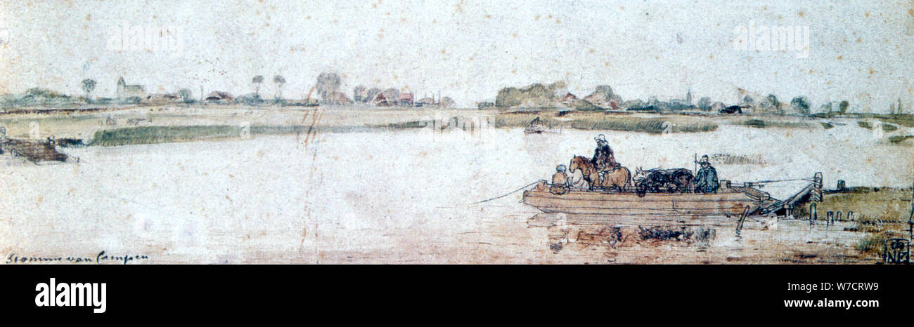 River landscape with rope ferry, early 17th century.  Artist: Hendrick Avercamp Stock Photo