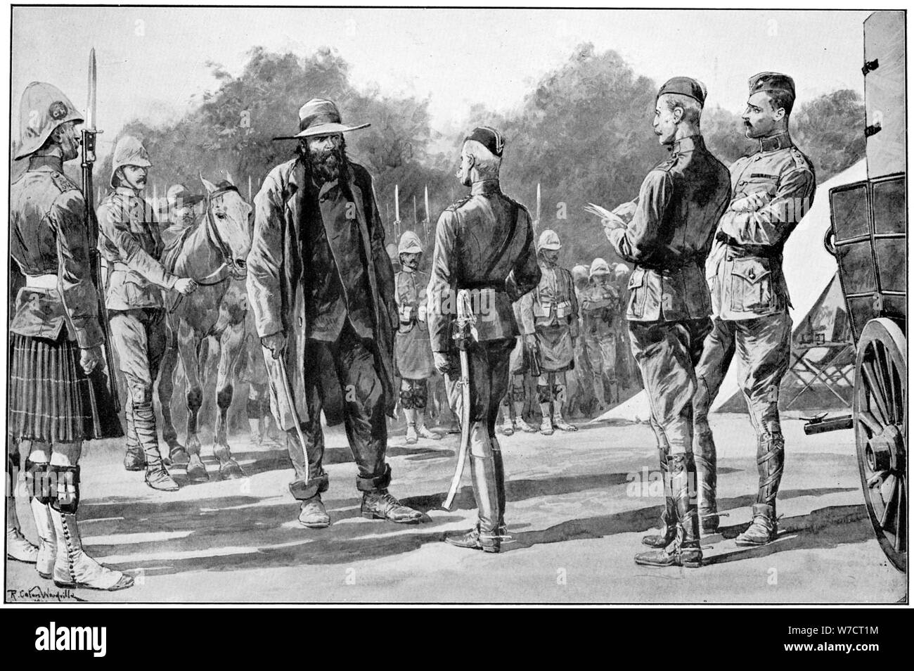 Piet Cronje, Boer leader and soldier, surrendering to Lord Roberts, Paardeberg, 1900. Artist: Richard Caton Woodville II Stock Photo