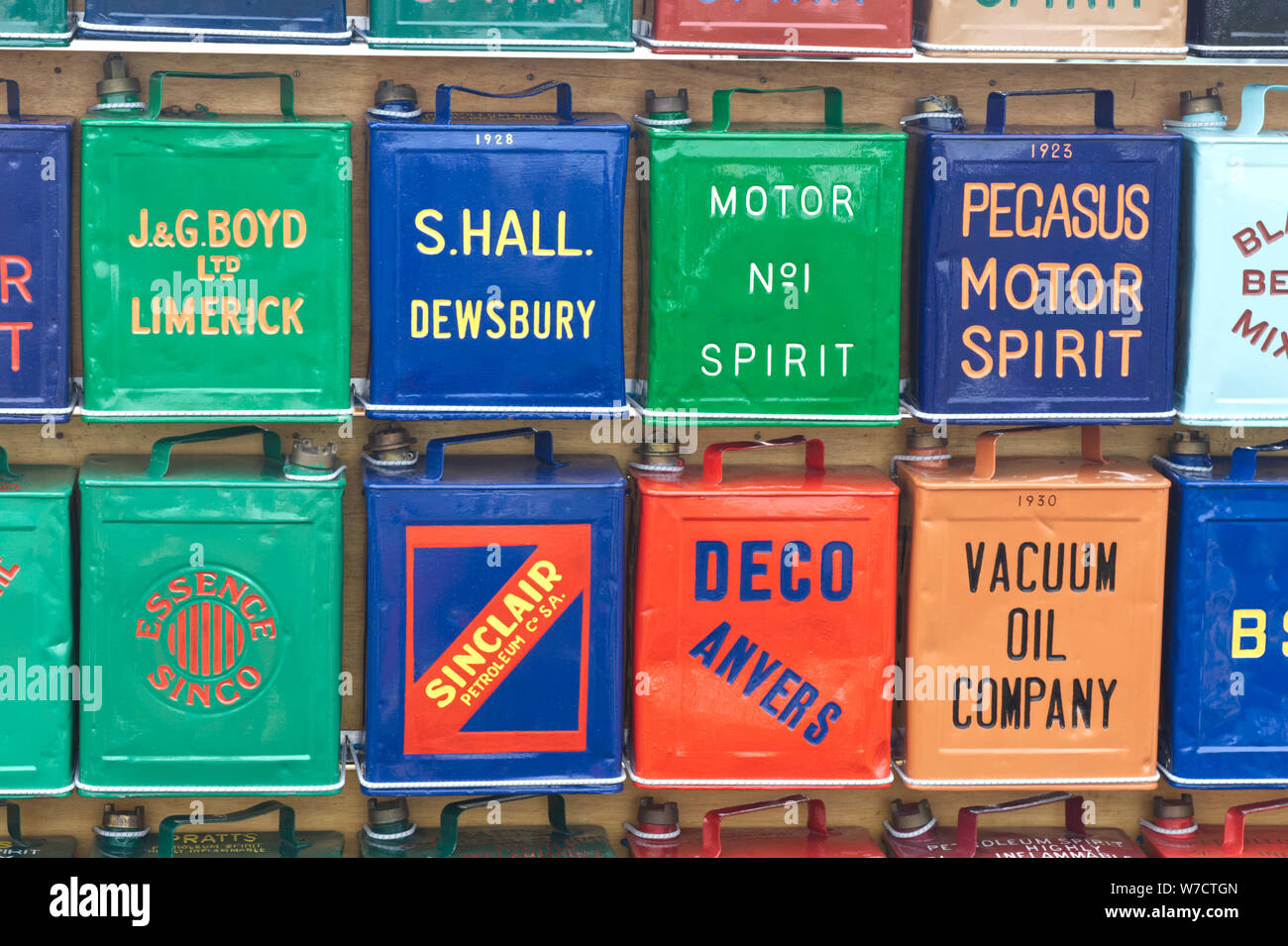 Collection of old painted fuel cans Stock Photo