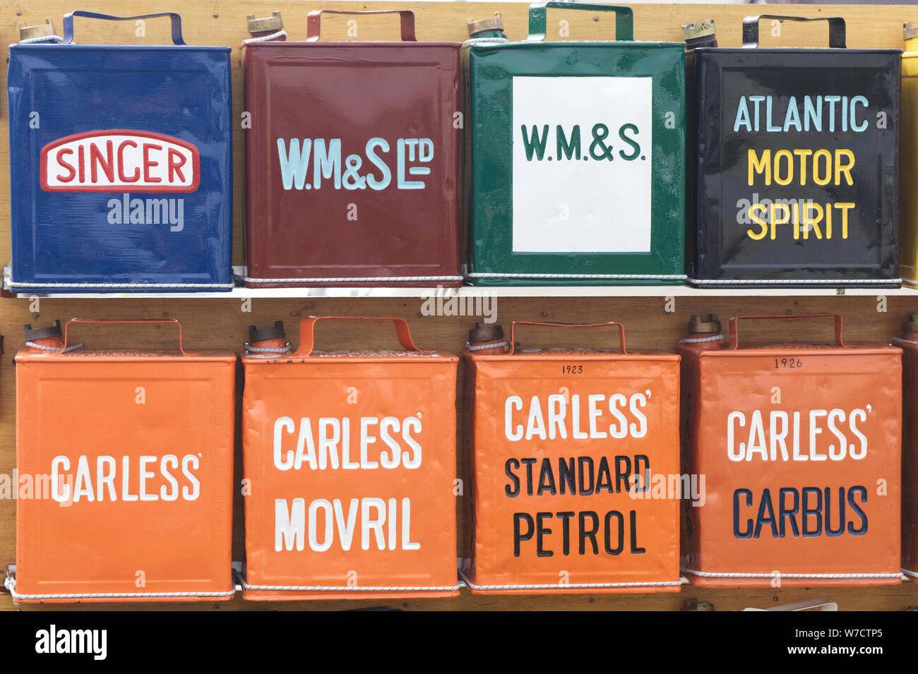 Collection of old painted fuel cans Stock Photo