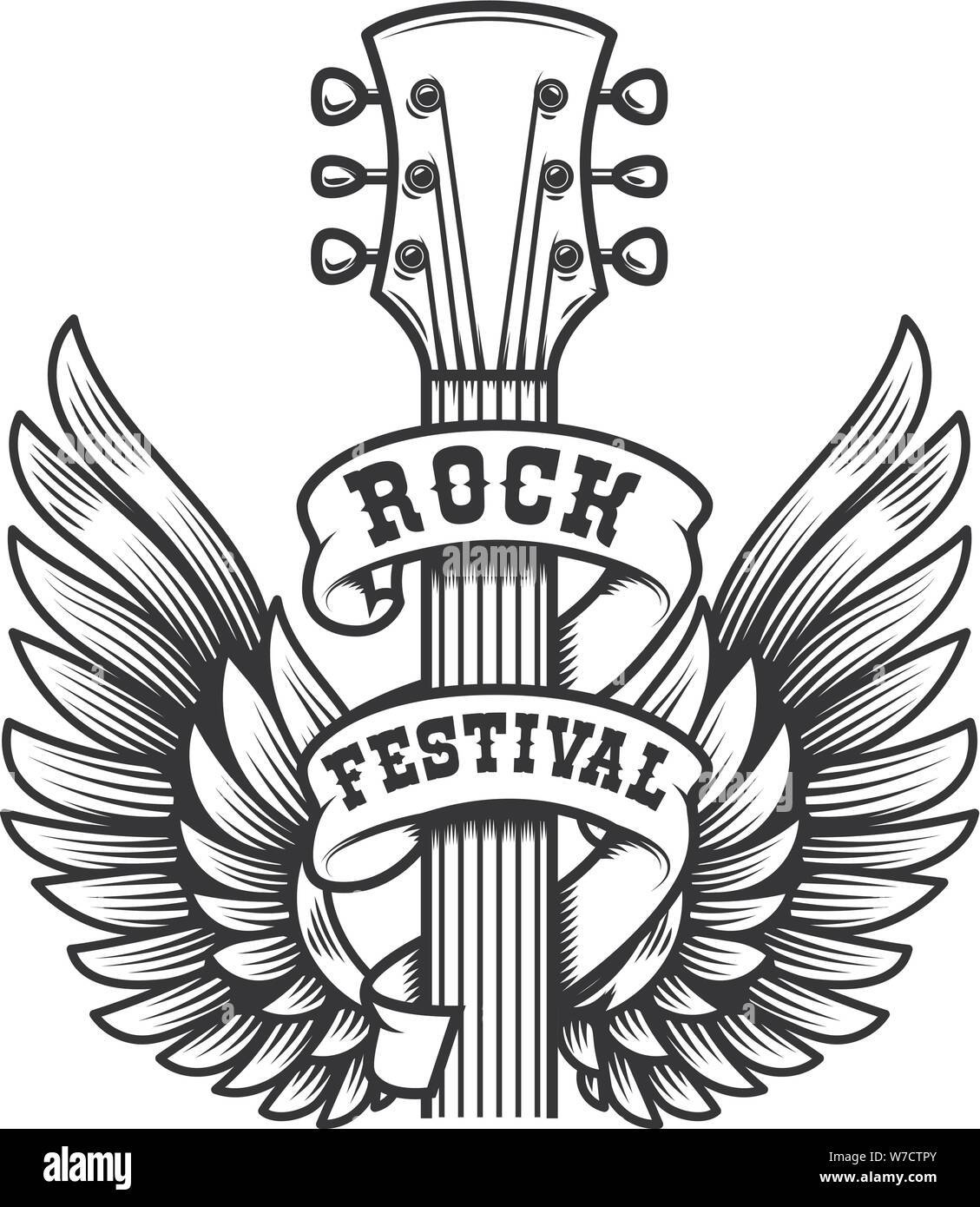 Rock festival. Guitar head with wings. Design element for poster, t shirt,  emblem, sign, label. Vector illustration Stock Vector Image & Art - Alamy