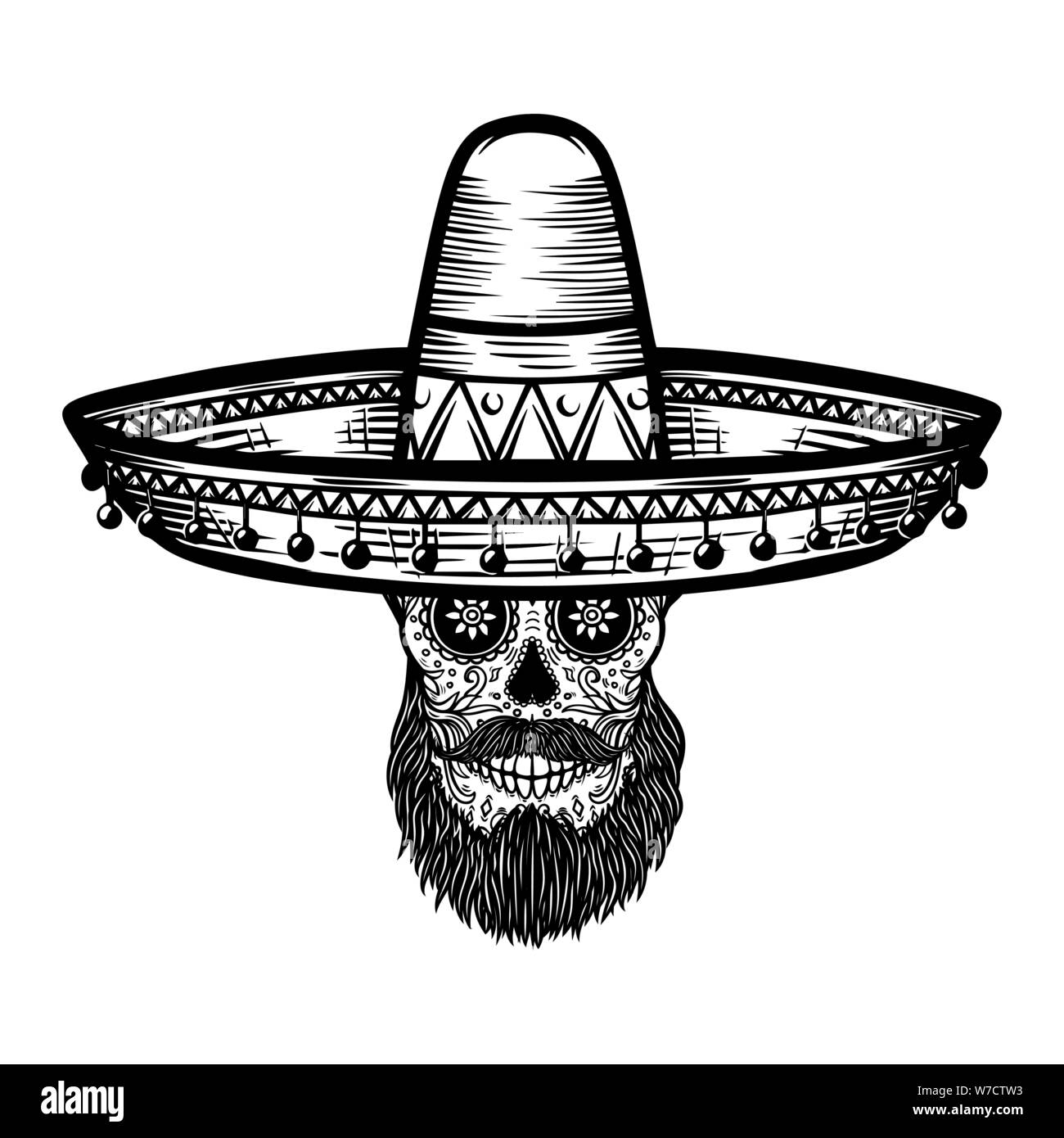 Mexican sugar skull in sombrero. Day of the dead theme. Design element