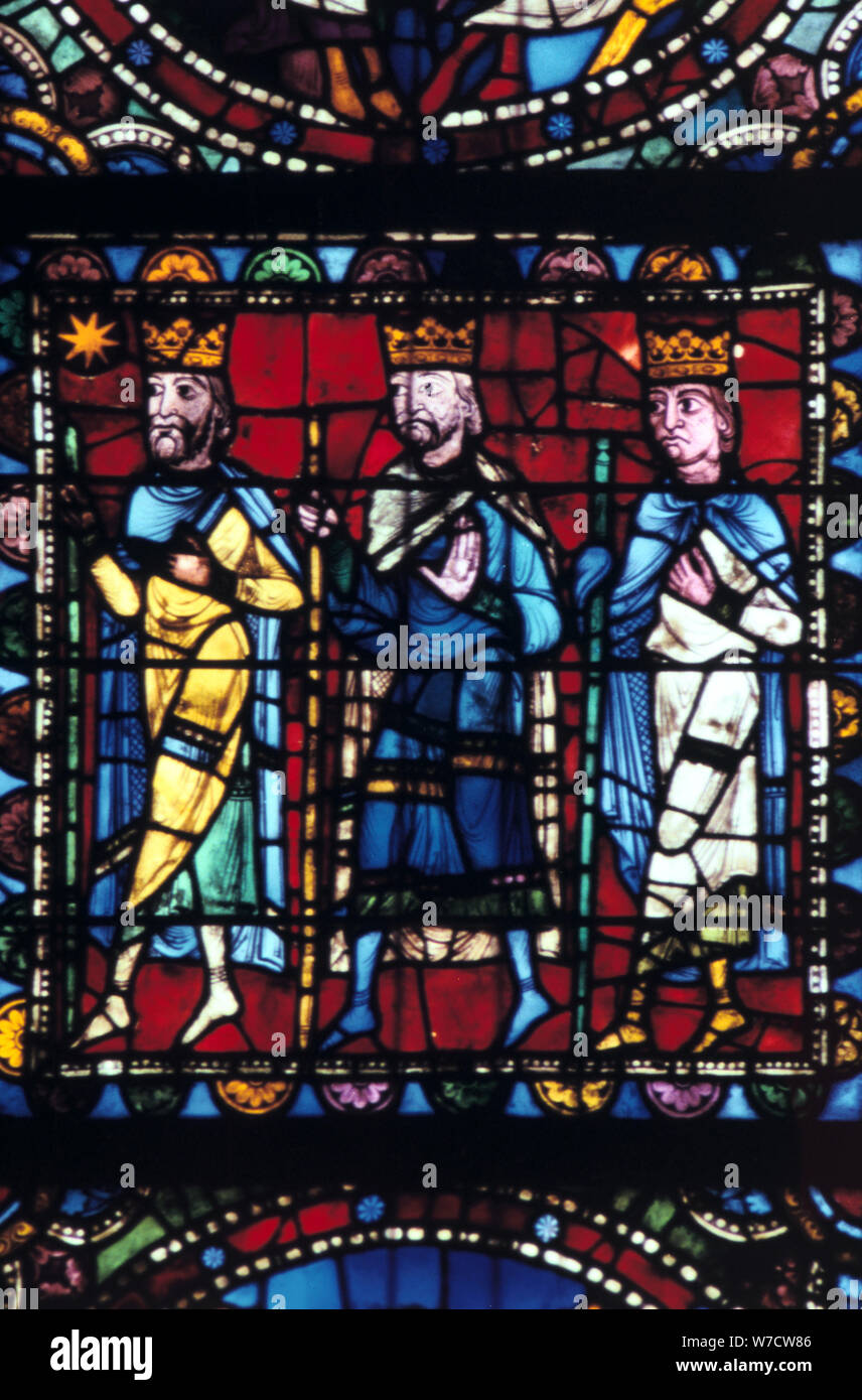 The Adoration of the Magi, stained glass, Chartres Cathedral France, 1145-1155. Artist: Unknown Stock Photo