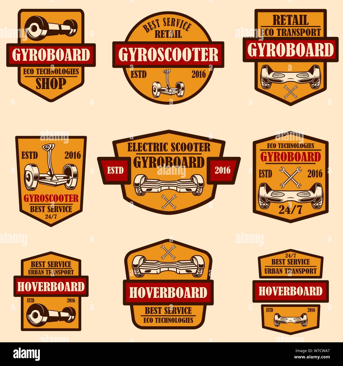 Set of gyro scooter emblems. Design elements for logo, label, sign ...