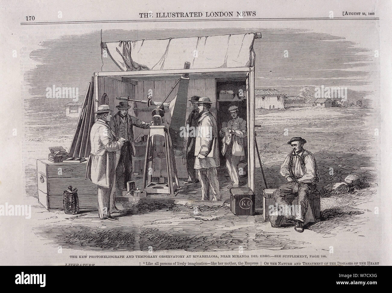The Kew heliograph being used in an eclipse-viewing expedition to Spain, 1860. Artist: Unknown Stock Photo