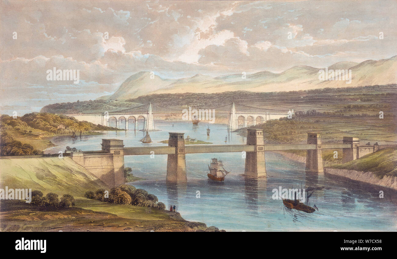 The Britannia Tubular Bridge, Menai Strait, Wales, c1850. Artist: Unknown Stock Photo