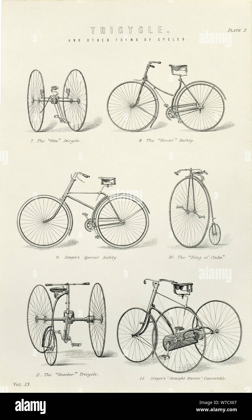 Six early forms of bicycles and tricycles, 19th century. Artist: Unknown Stock Photo
