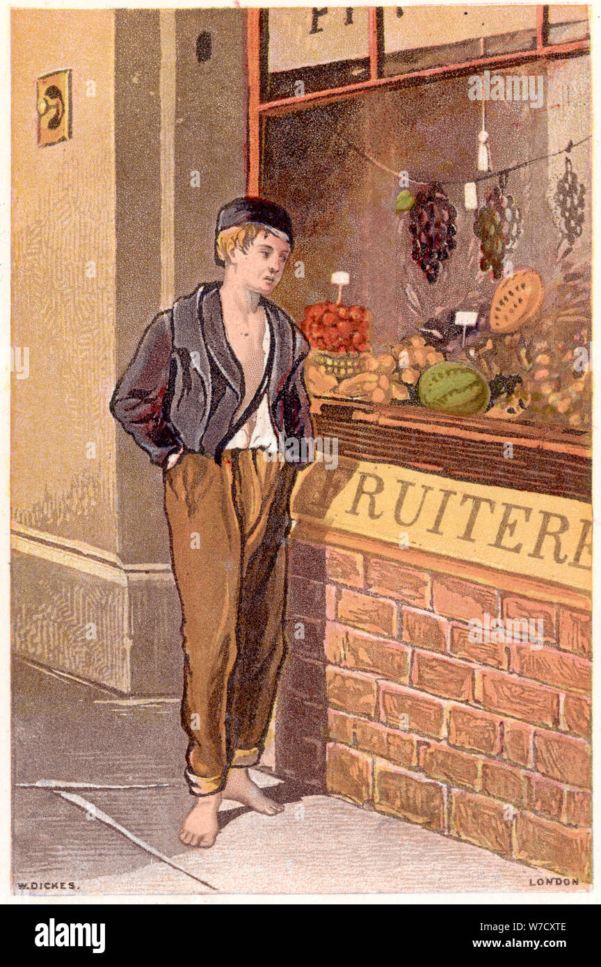 Temptation: A poor shoeless boy looking longingly at fruit on display in a shop window, c1880. Artist: Unknown Stock Photo