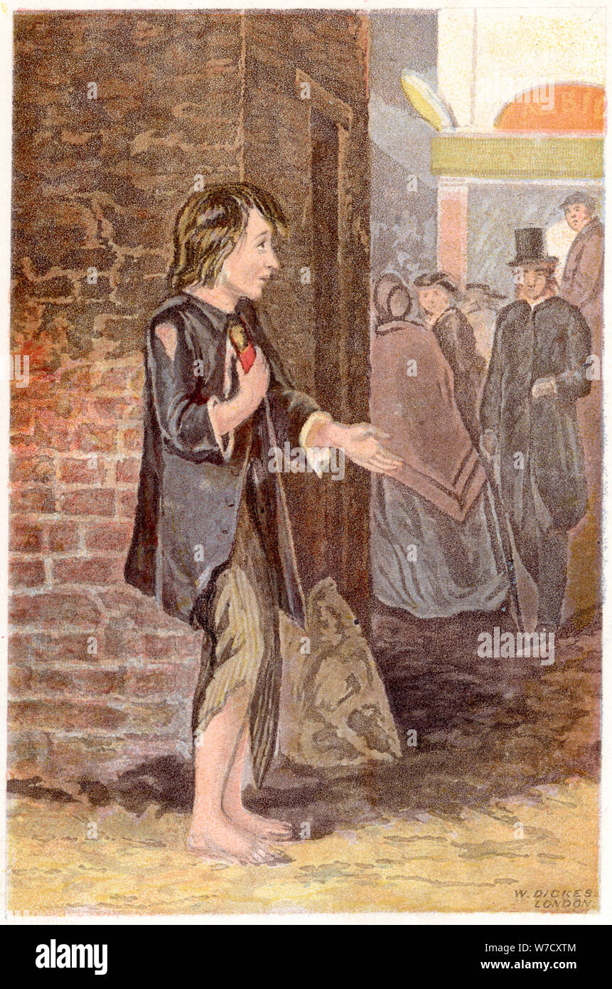 A poor boy, shoeless and in rags, begging on a street corner, c1880. Artist: Unknown Stock Photo