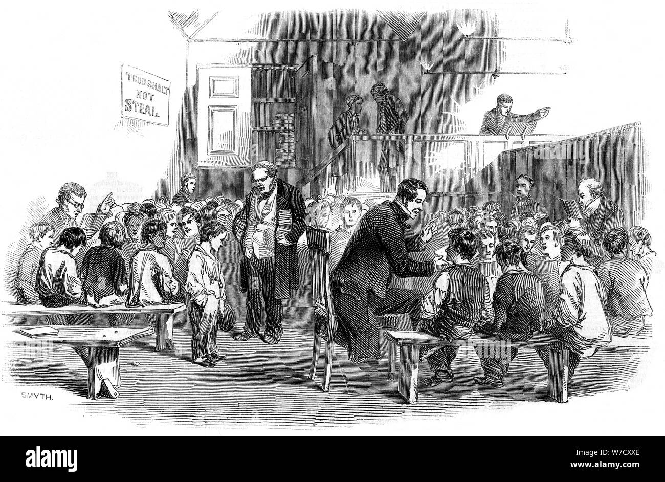 Teaching boys to read in the Ragged School Union school, Lambeth, London, 1868. Artist: Unknown Stock Photo