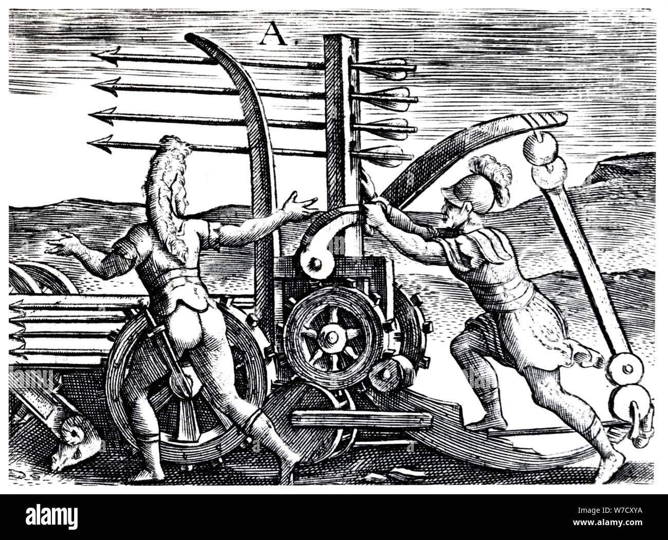 Roman soldiers using a war engine firing multiple arrows, 1605. Artist: Unknown Stock Photo