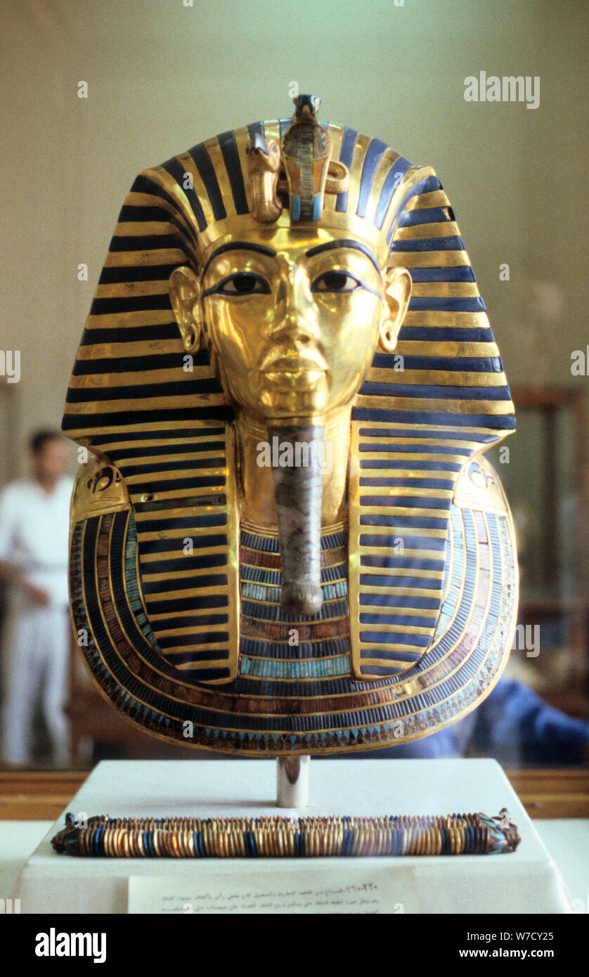 Gold and lapis lazuli funerary mask of Tutankhamun, King of Egypt, c1323 BC. Artist: Unknown Stock Photo
