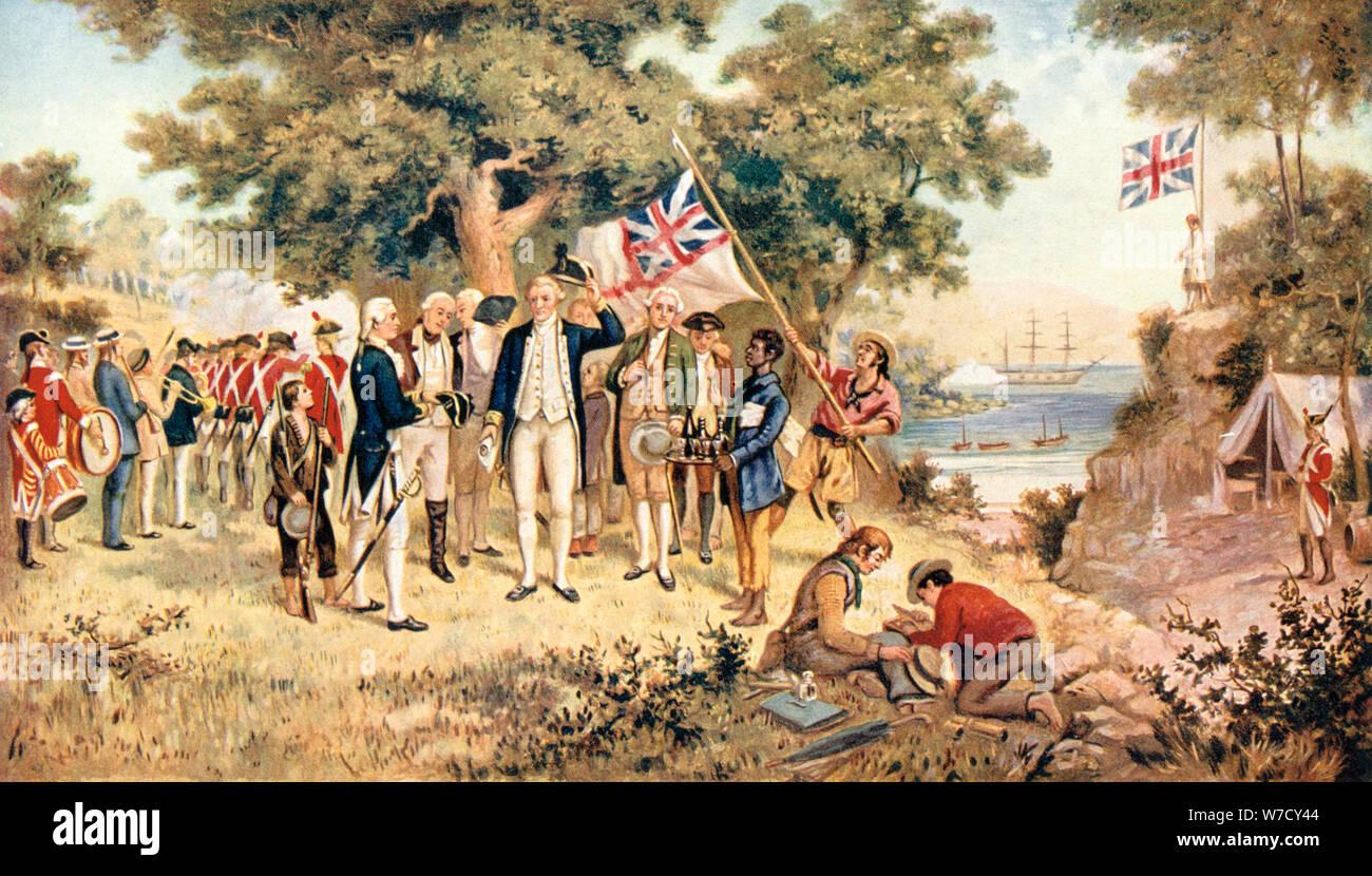 Captain James Cook taking possession of New South Wales in the name of the British Crown, 1770. Artist: Unknown Stock Photo