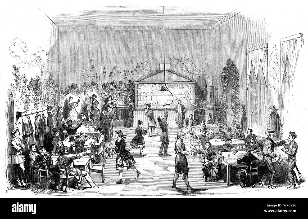 Waitresses on roller skates in a Berlin beer cellar, 1851.   Artist: Anon Stock Photo