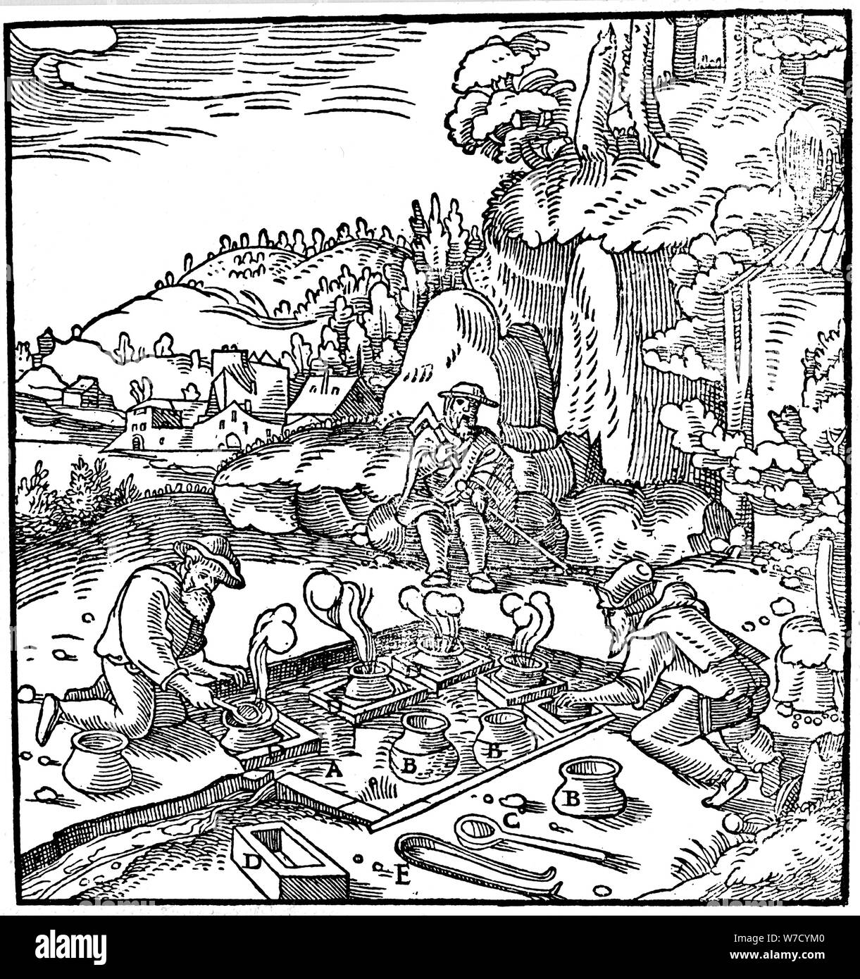 Evaporating pots of brine in a natural hot spring to obtain salt, 1556. Artist: Unknown Stock Photo