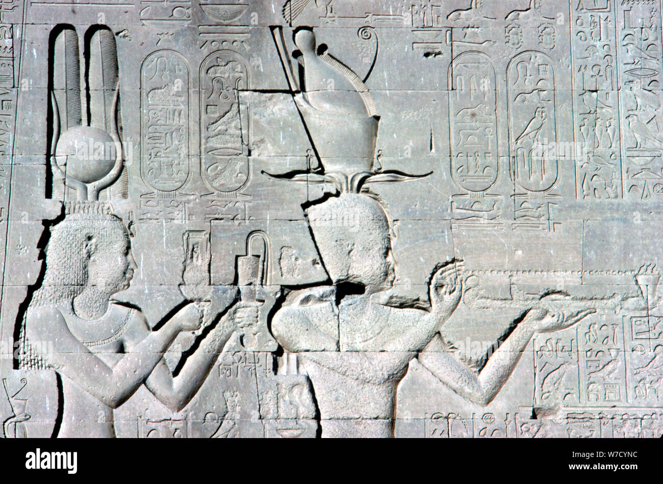 Horizontal detail of a relief of Cleopatra and Caesarion ,Temple of Hathor, c125 BC - c60 AD. Artist: Unknown Stock Photo