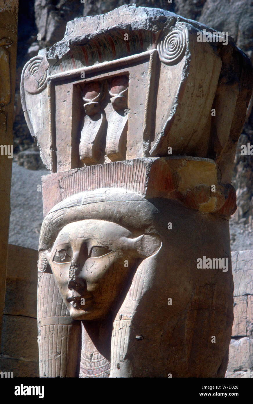 Close-up of Hathor headed capitals, Temple of Hatshepsut, Luxor, Egypt, c15th centuryBC. Artist: Unknown Stock Photo