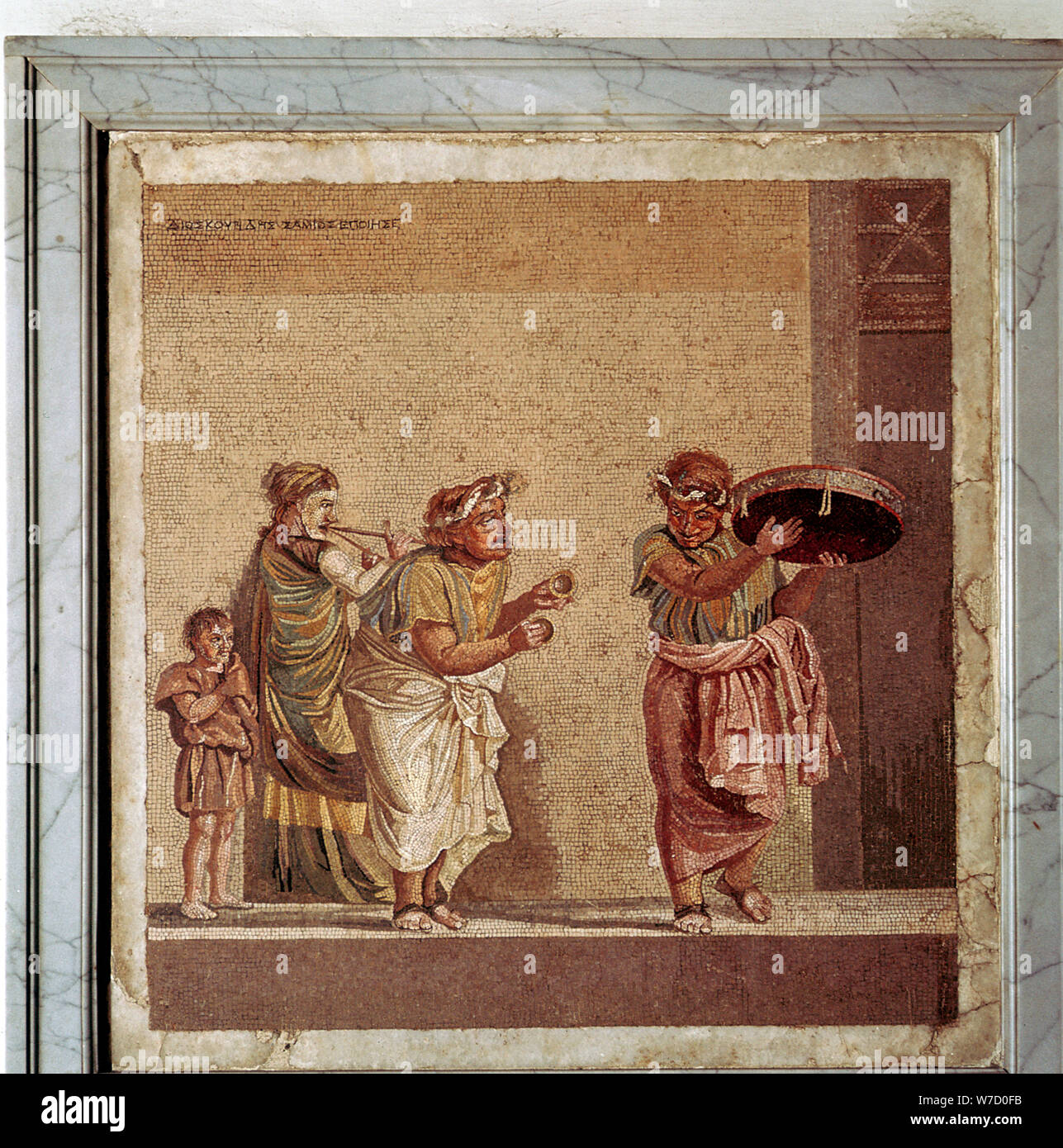 Roman mosaic of musicians and masked actors in a play, Pompeii, Italy. Artist: Dioscurides Stock Photo