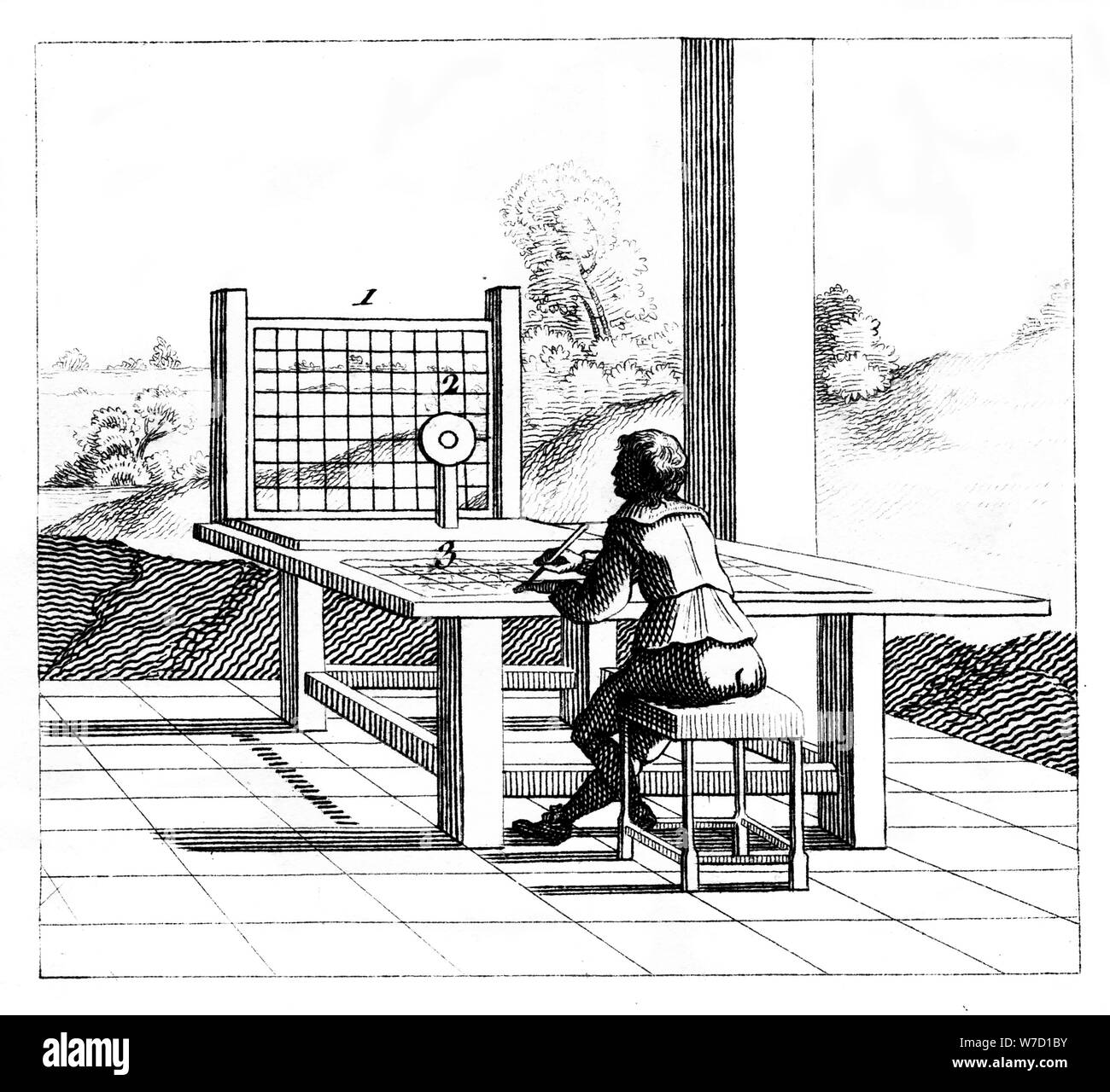 Figure practising perspective drawing, 1639. Artist: Unknown Stock Photo