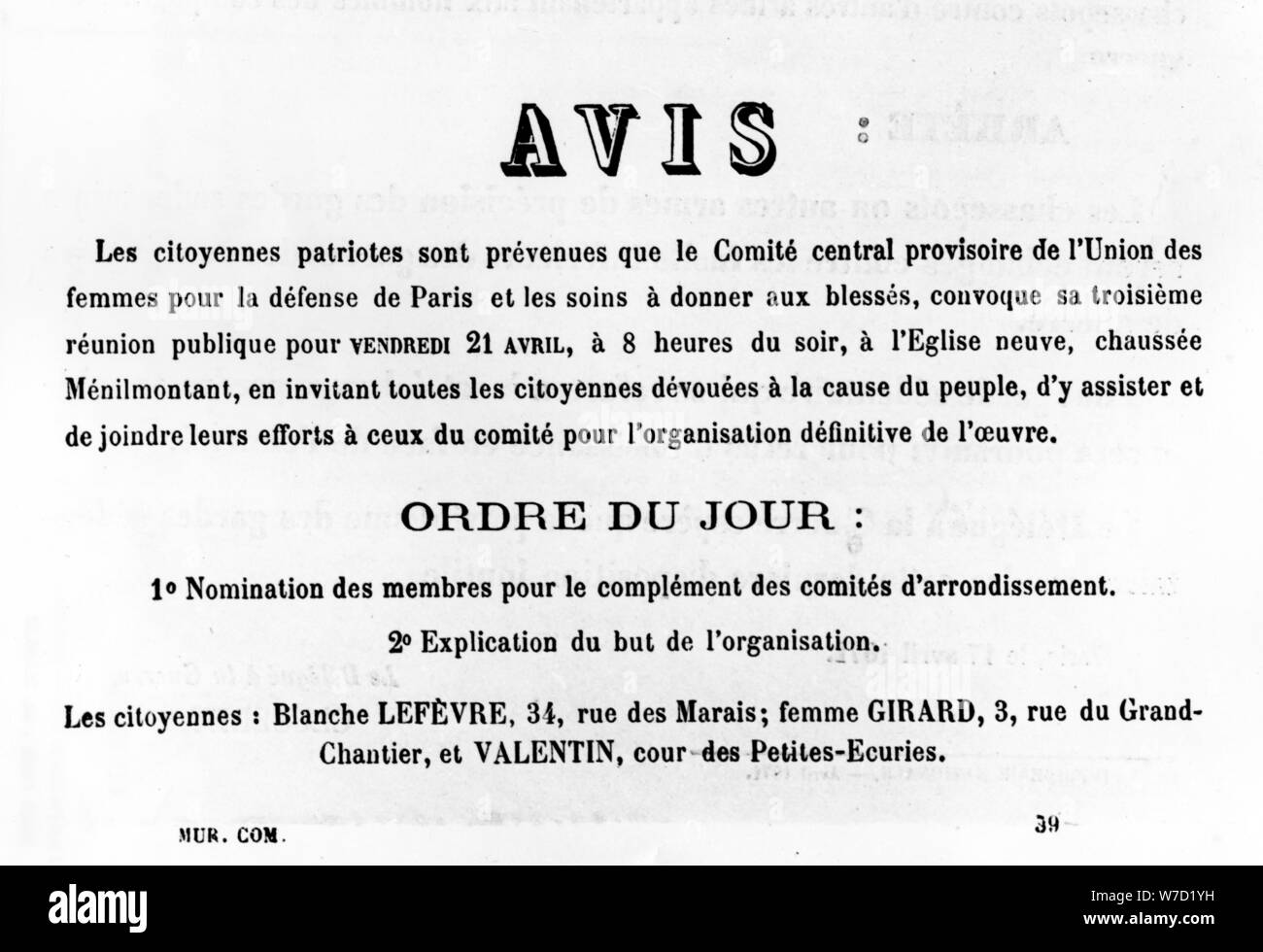 Avis, from French Political posters of the Paris Commune,  May 1871. Artist: Unknown Stock Photo