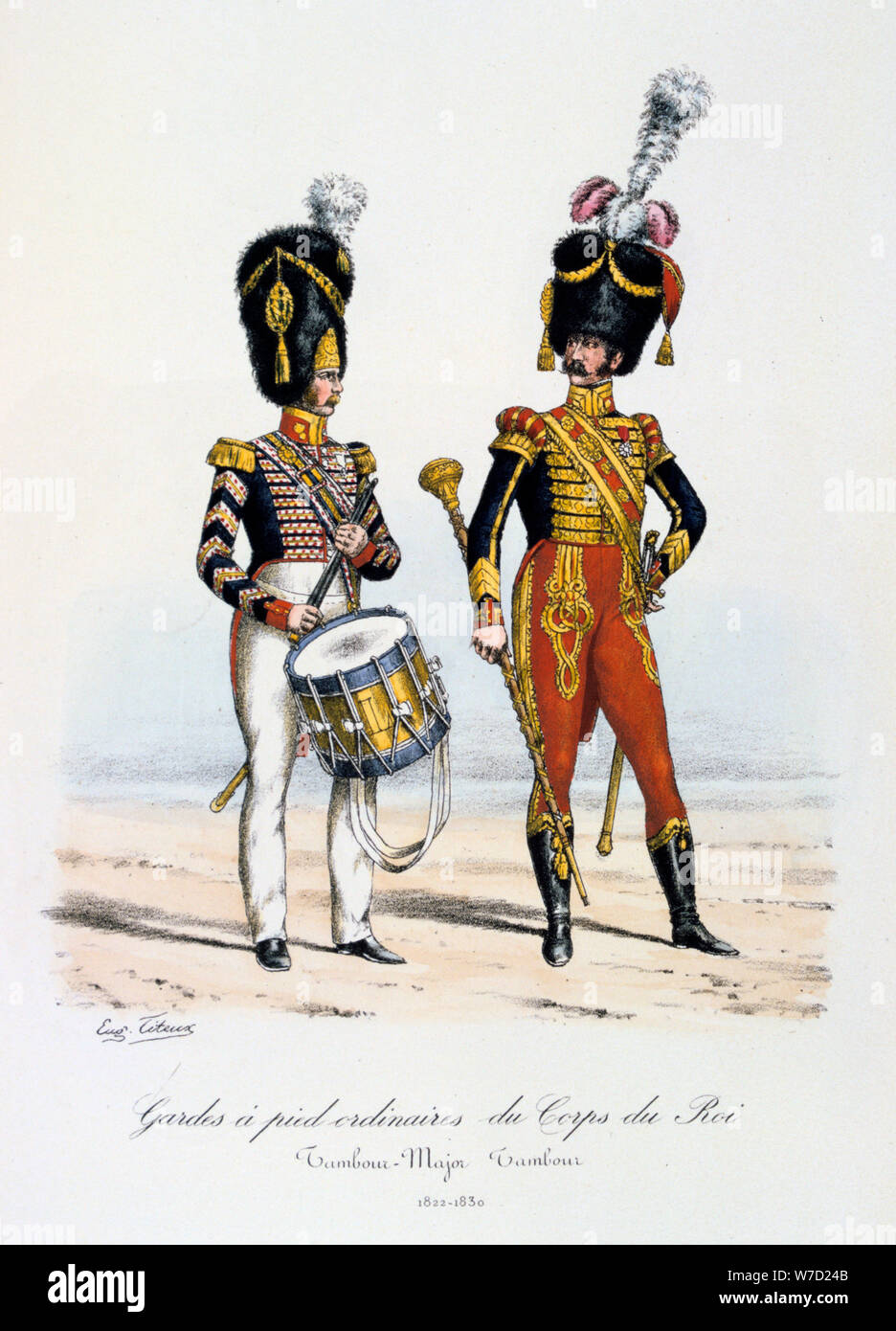 Gardes a pied ordinaires du Corps de Roi, Drum Major and Drummer, 1822-30 Artist: Eugene Titeux Stock Photo