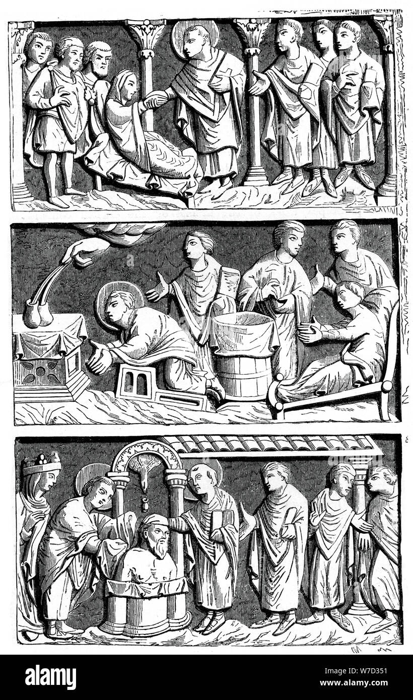 A triptych of the healing work of St Remy, Bishop of Reims, 11th century (1870). Artist: Unknown Stock Photo