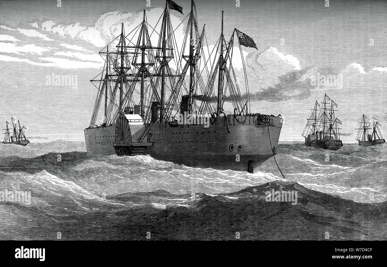 The Great Eastern playing out the Atlantic telegraph cable, c1865, (c1880). Artist: Unknown Stock Photo